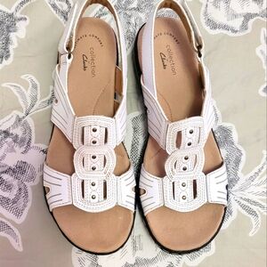 Clarks White Triple-Buckle Slingback Sandals